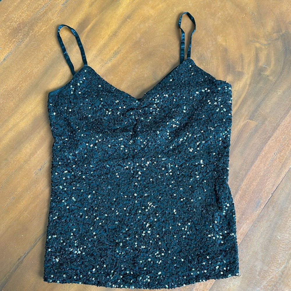 The Limited black sequins cami. Mesh back. Size M. Adjustable straps.